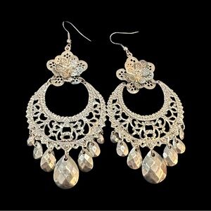 Intricate Silver Floral Dangle Earrings Oversized Lightweight
